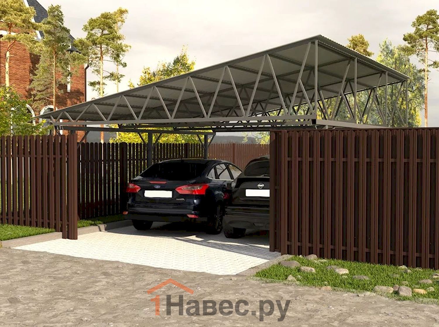 Односкатный автомобильный навес из профнастила к воротам